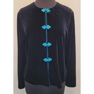 August Silk Intimates Black Velvet Bed Jacket L Teal Frog Buttons Asian Style